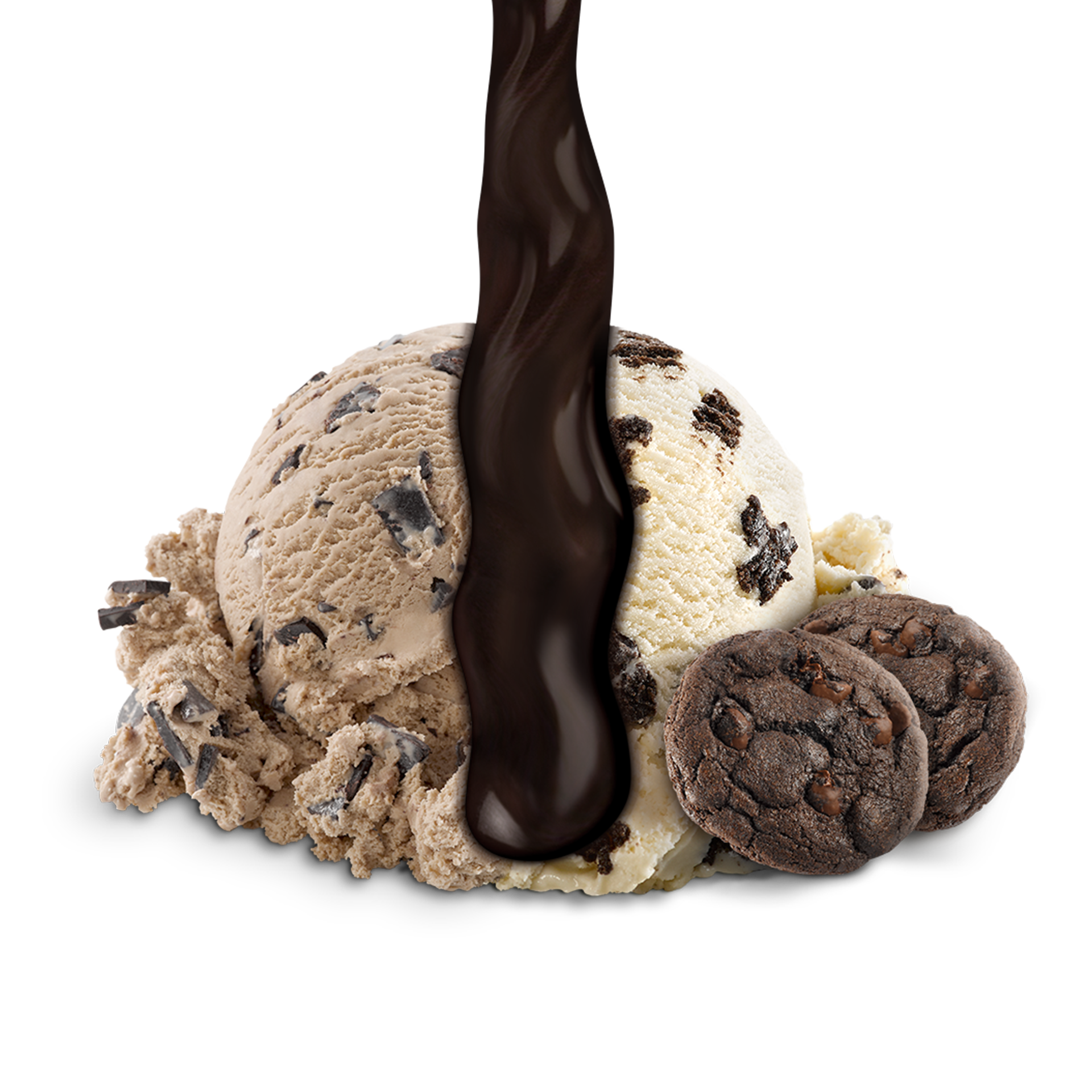 a scoop of ice cream with fudge dripping and cookies beside it