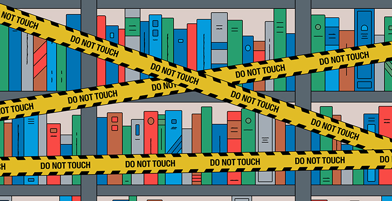 Shelves of books with Do Not Touch police tape