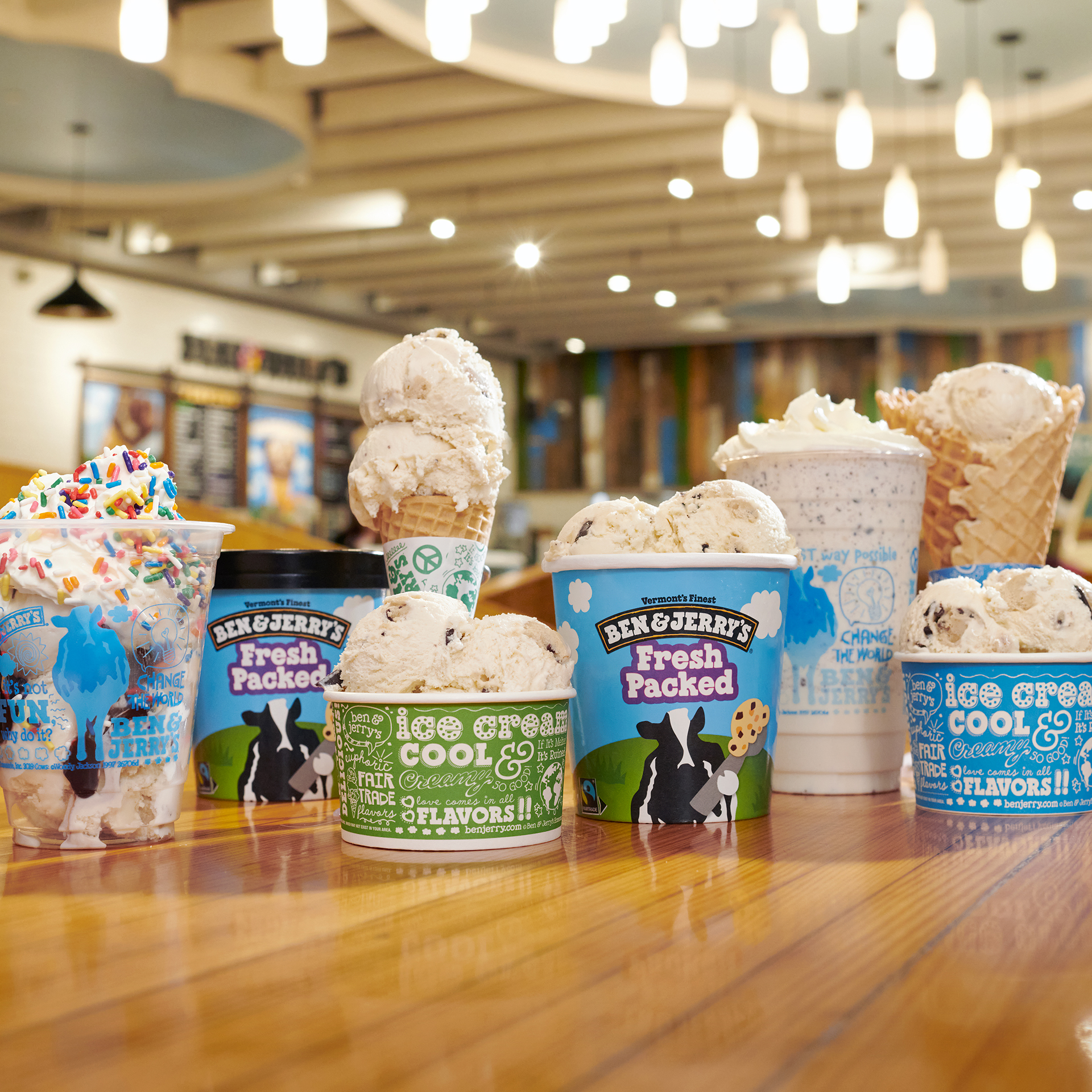 Ice cream products on a scoop shop table
