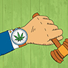 Hand holding a gavel with a cannabis leaf watch