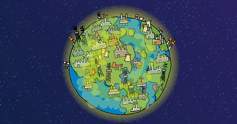 A illustration of the world in starry skies