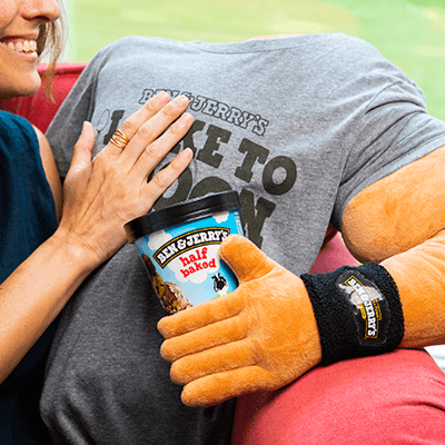 Pint of Half Baked being held by a stuffed toy