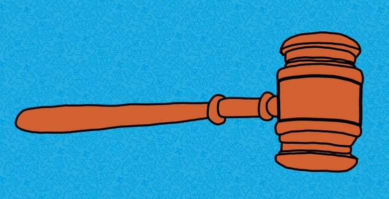 Light blue illustrated background with an illustration of a brown judge's gavel in the foreground.
