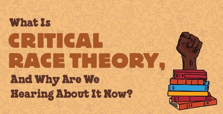 Yellow background, stack of books, Black hand making a fist, copy that reads "What Is Critical Race Theory, and Why Are We Hearing About It Now?"
