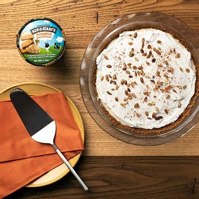 Ben & Jerry's Pumpkin Cheesecake ice cream with a pumpkin cheesecake ice cream pie.