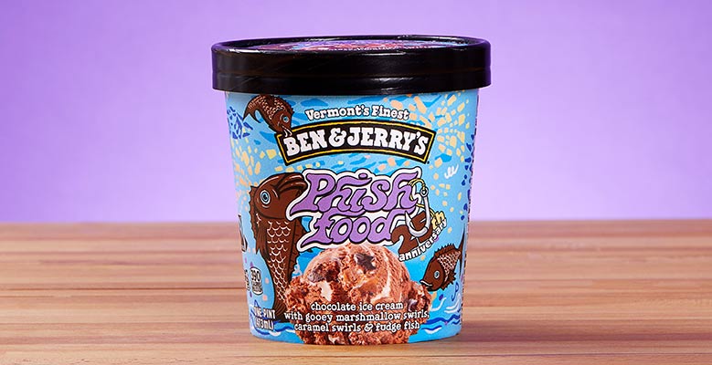 Pint of 25th anniversary Ben & Jerry's Phish Food ice cream on a purple background.