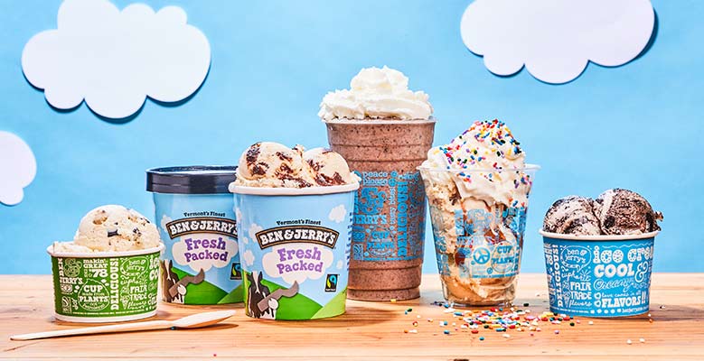 Lineup of Scoop Shop items, including a cup of ice cream, a fresh packed pint, milkshake, and sundae.