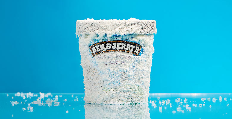 Pint of Ben & Jerry's crusted in ice so the flavor name is obscured.